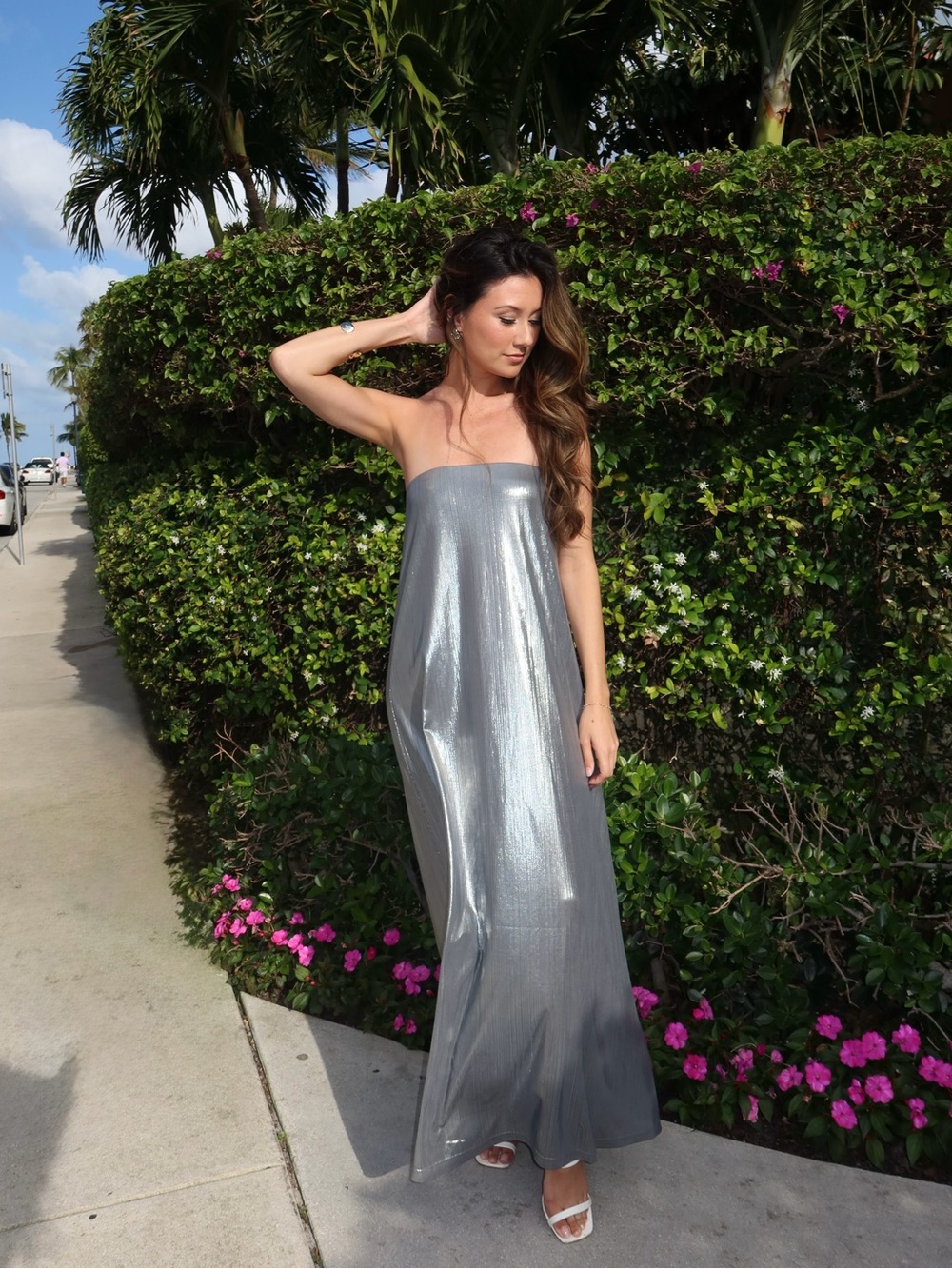 REVOLVE Metallic Silver Strapless Maxi Dress